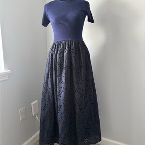 NWOT Sheridan French mixed media Navy Maxi Dress